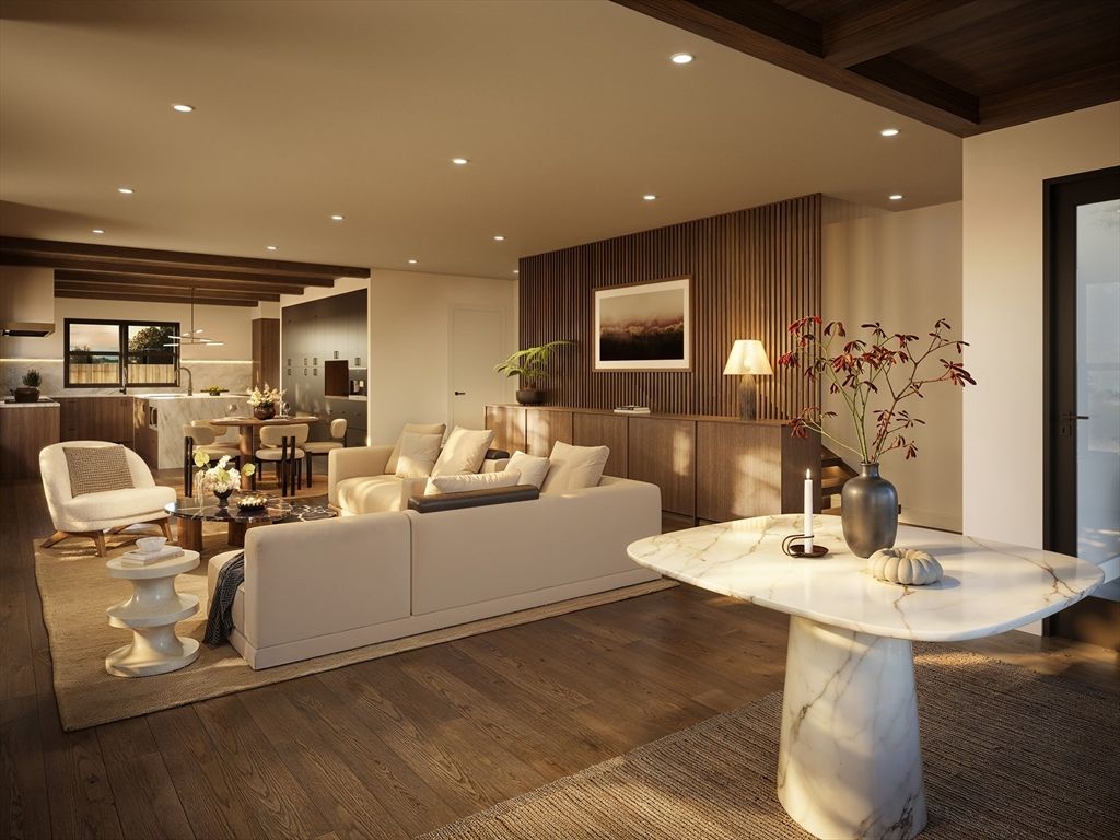 Dining room, Interior, Living room, Pendant Lights, Recessed Lighting, Wooden Beams, Wooden Ceilings, Wood Texture Flooring