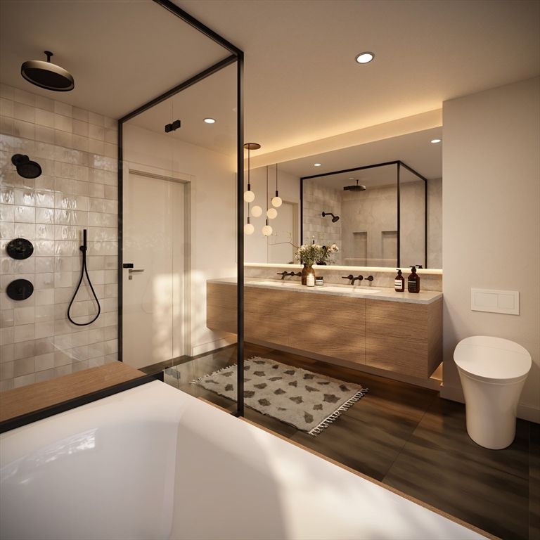 Bathroom, Dual Sink Vanities, Free Standing Baths, Glass Shower, Interior, Pendant Lights, Recessed Lighting, Wood Texture Flooring