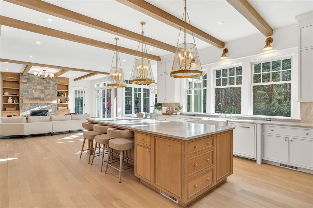 Fireplace, Interior, Kitchen, Living room, Pendant Lights, Recessed Lighting, Stone Walls, Wooden Beams, Wood Texture Flooring