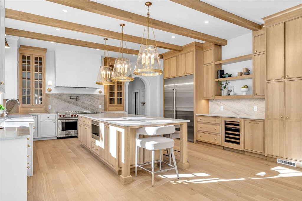 Interior, Kitchen, Pendant Lights, Recessed Lighting, Stainless Steel Appliances, Wooden Beams, Wood Texture Flooring