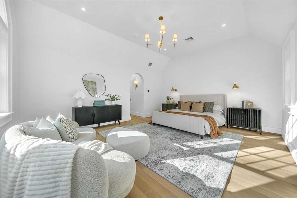 Bedroom, Interior, Pendant Lights, Recessed Lighting, Wood Texture Flooring