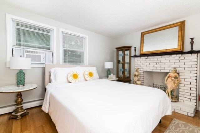 Bedroom, Fireplace, Interior, Stone Walls, Wood Texture Flooring