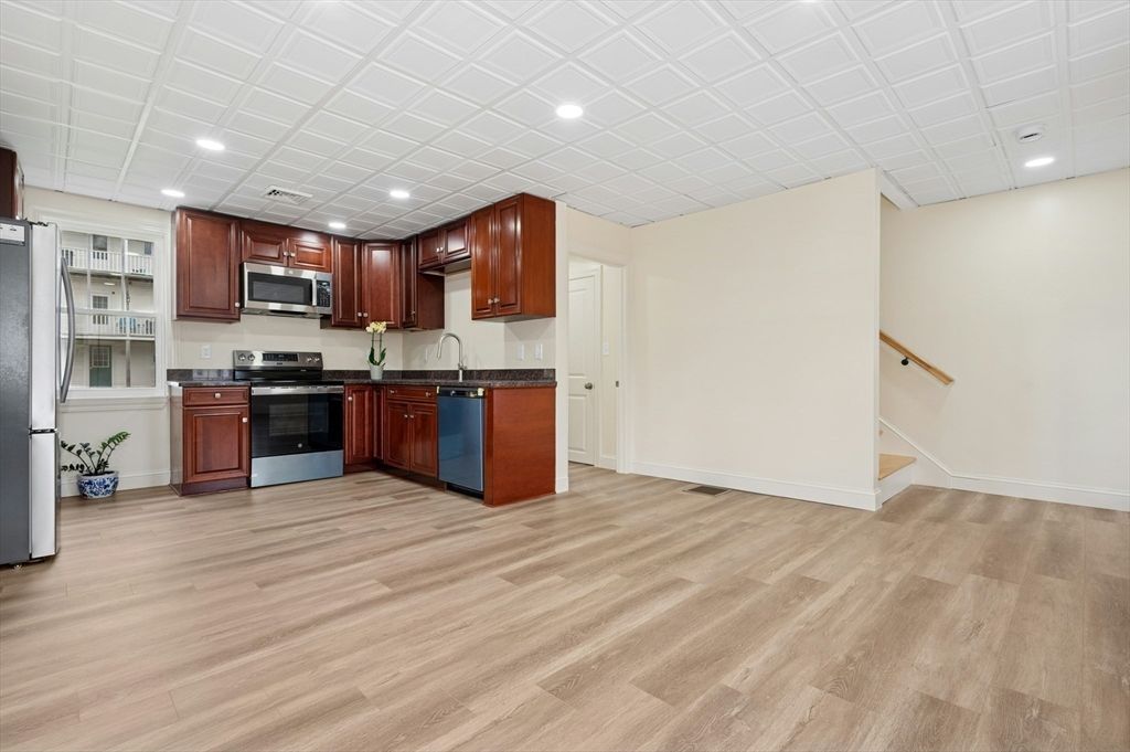 Interior, Kitchen, Recessed Lighting, Stainless Steel Appliances, Wood Texture Flooring