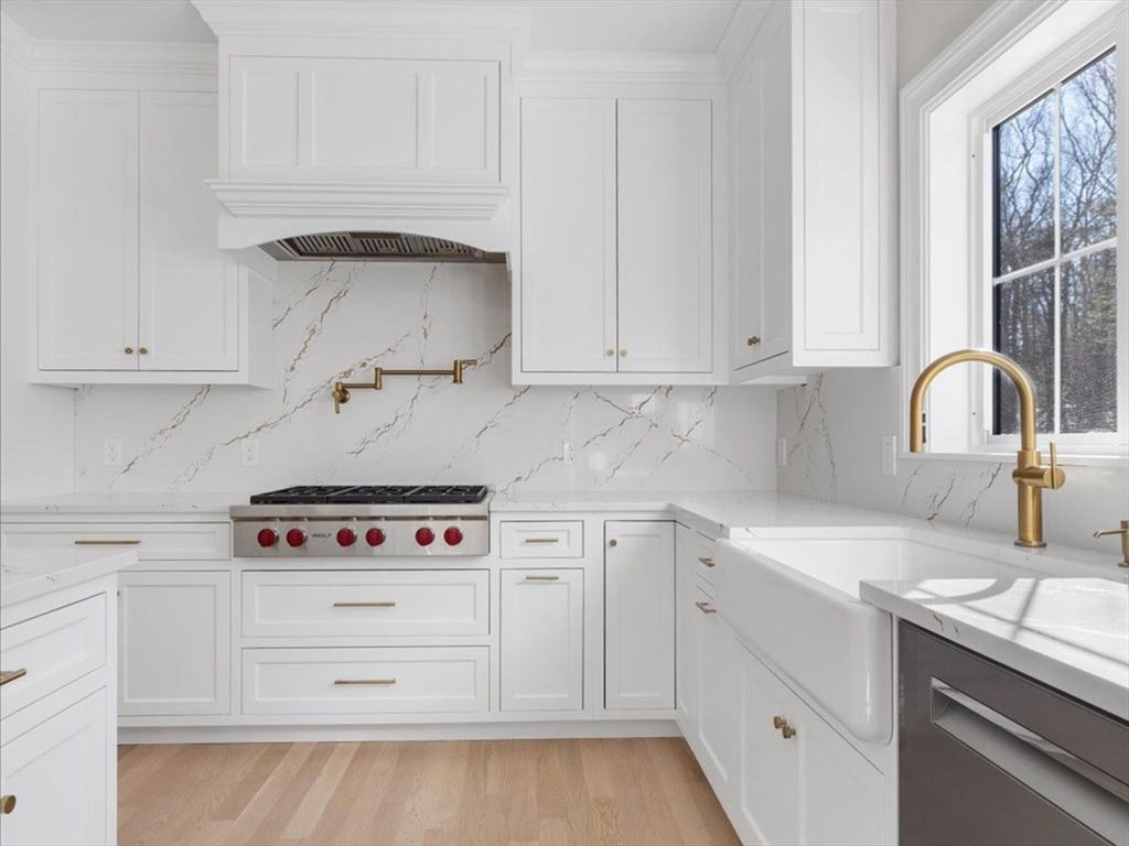 Interior, Kitchen, Marble Walls, Stainless Steel Appliances, Wood Texture Flooring