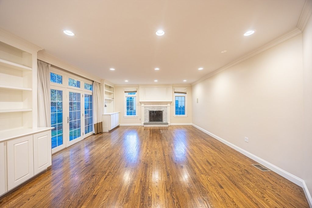 Empty room, Fireplace, Interior, Recessed Lighting, Wood Texture Flooring
