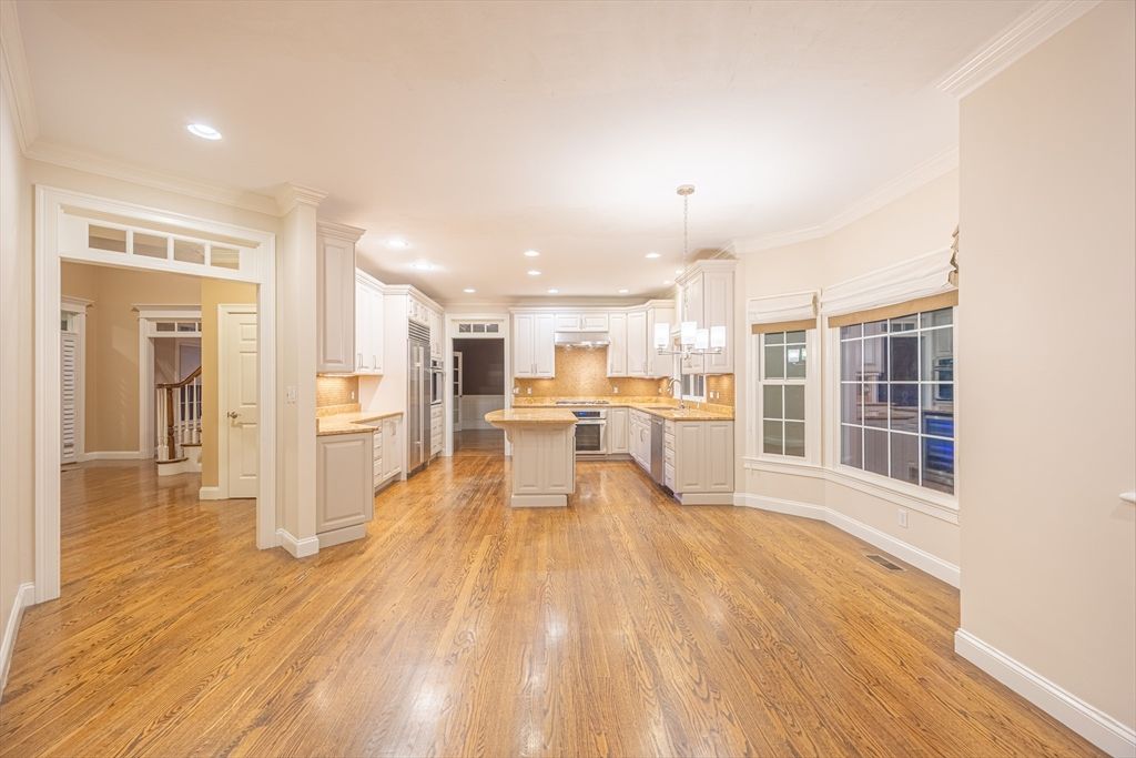 Chandelier, Interior, Kitchen, Recessed Lighting, Stainless Steel Appliances, Wood Texture Flooring