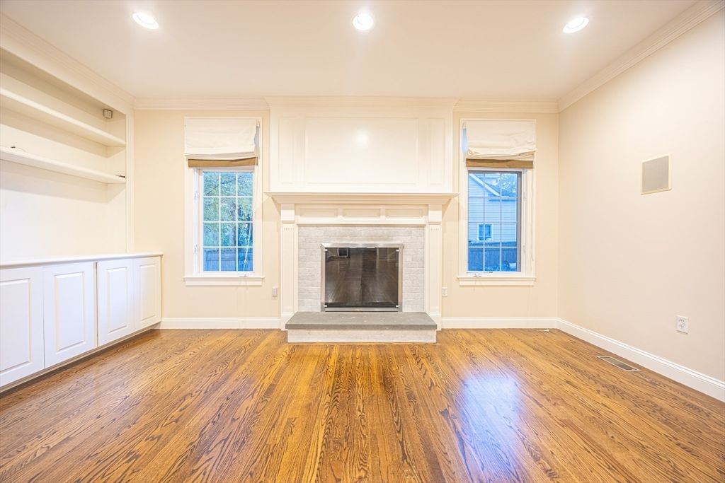 Empty room, Fireplace, Interior, Recessed Lighting, Wood Texture Flooring
