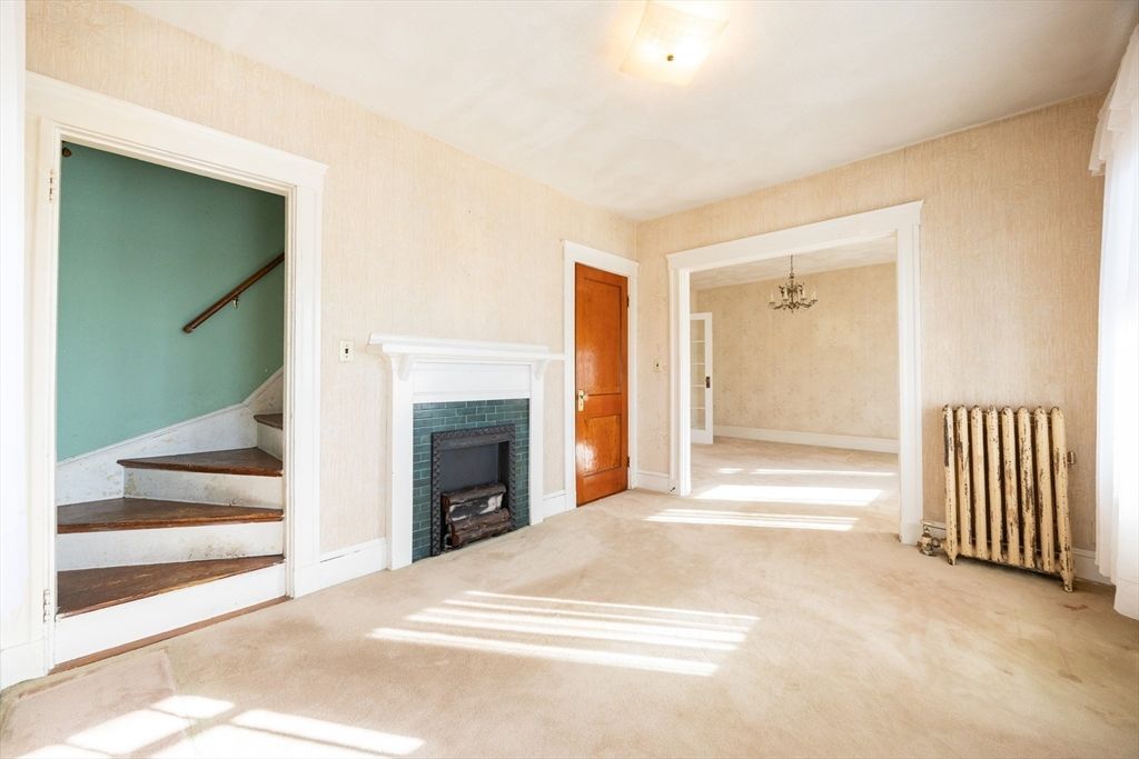 Chandelier, Empty room, Fireplace, Interior