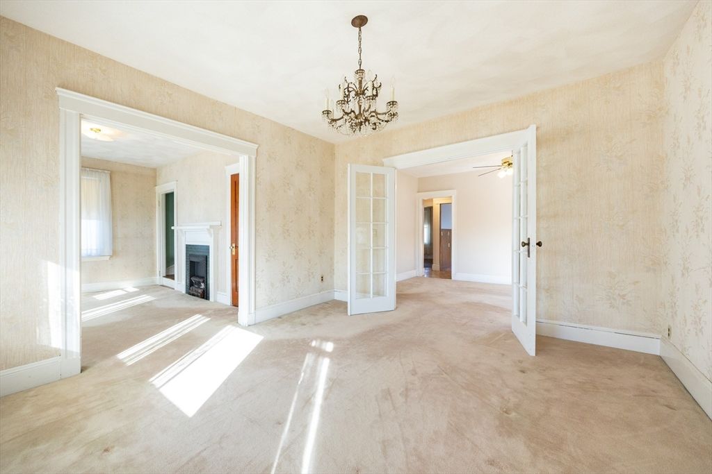 Chandelier, Empty room, Fireplace, Interior