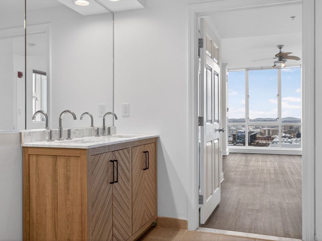 Bathroom, Dual Sink Vanities, Interior, Recessed Lighting, Wood Texture Flooring