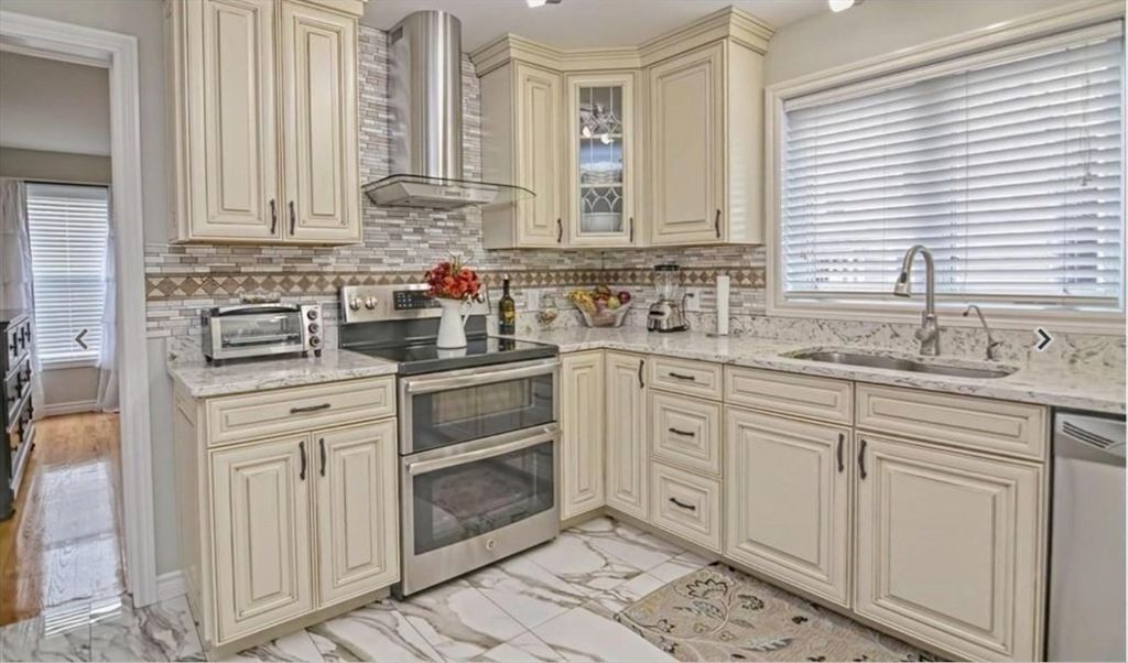 Interior, Kitchen, Marble, Recessed Lighting, Stainless Steel Appliances, Wood Texture Flooring