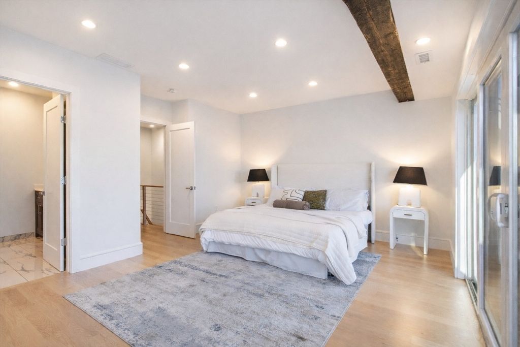 Bedroom, Interior, Recessed Lighting, Wooden Beams, Wood Texture Flooring