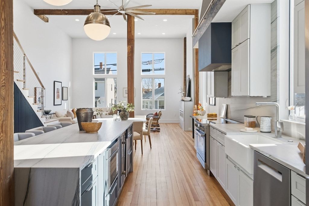 Dining room, Interior, Kitchen, Pendant Lights, Recessed Lighting, Stainless Steel Appliances, Wooden Beams, Wood Texture Flooring