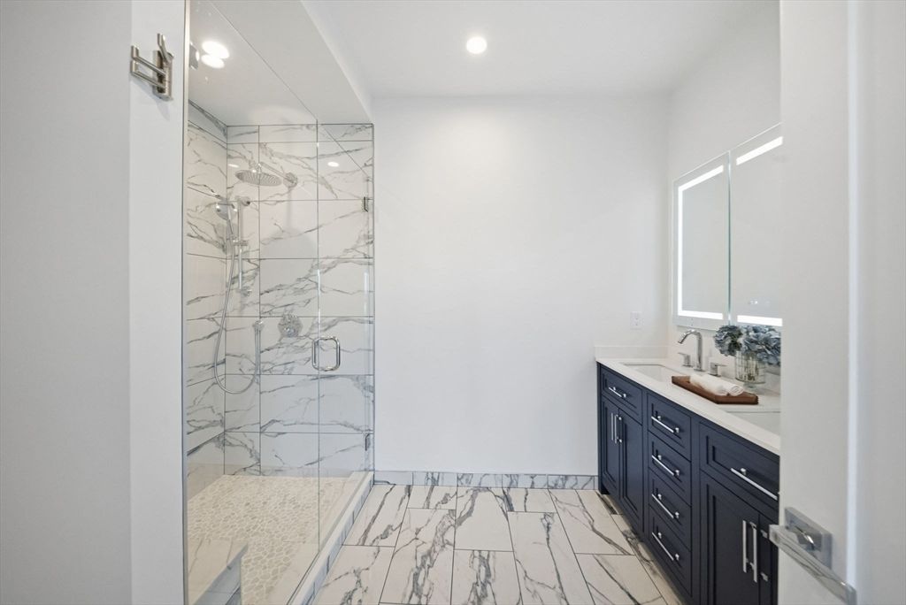 Bathroom, Glass Shower, Interior, Marble, Marble Walls, Recessed Lighting
