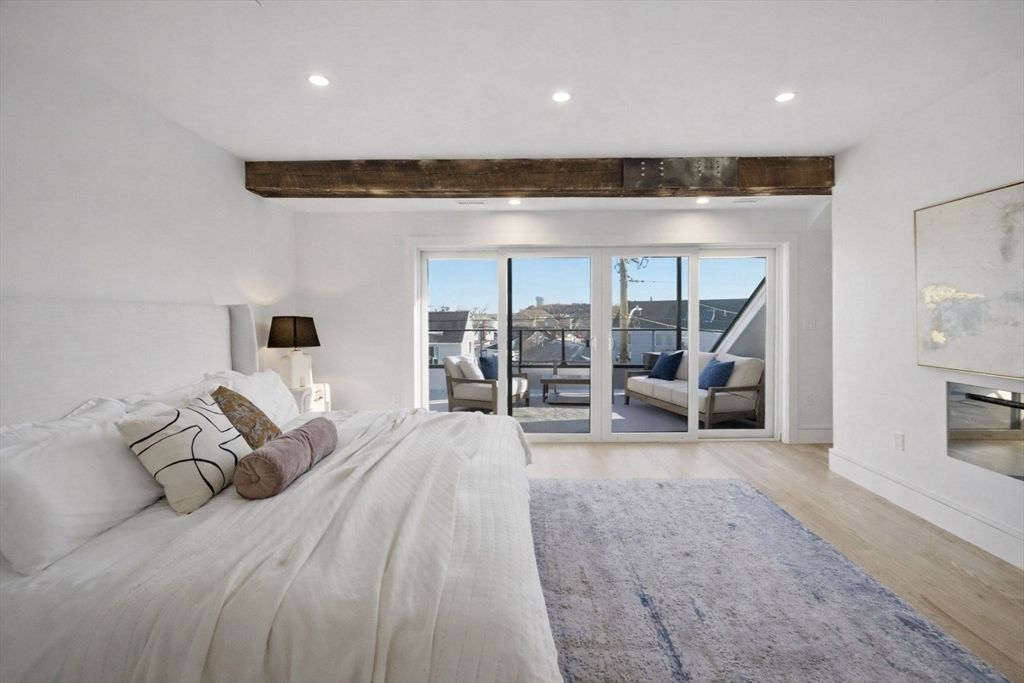 Bedroom, Interior, Recessed Lighting, Wooden Beams, Wood Texture Flooring