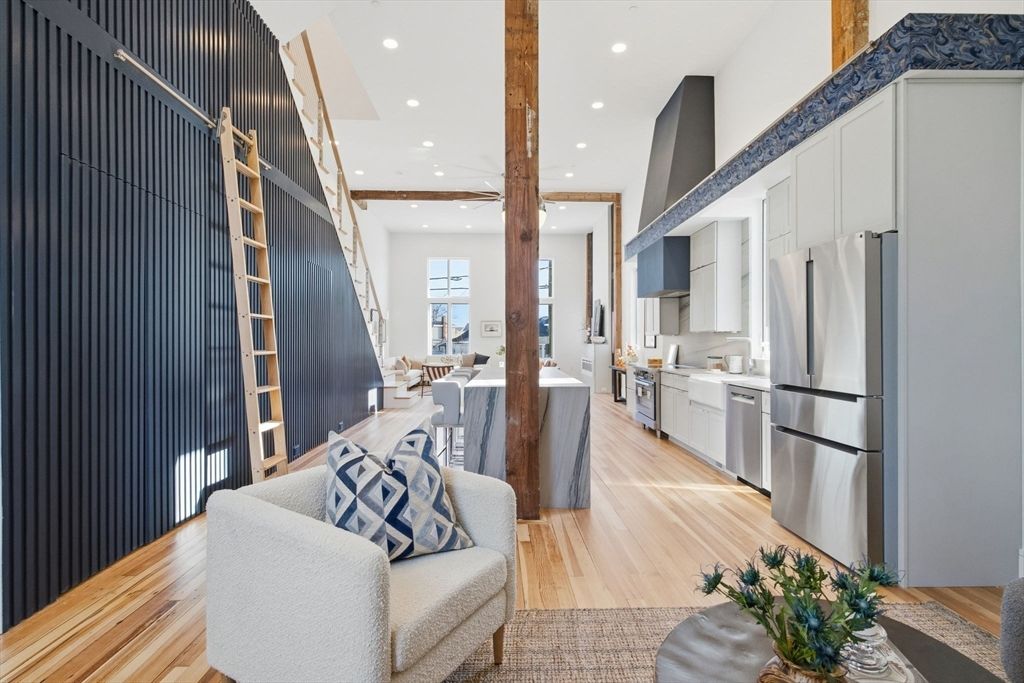 Dining room, Interior, Kitchen, Living room, Recessed Lighting, Stainless Steel Appliances, Wooden Beams, Wood Texture Flooring