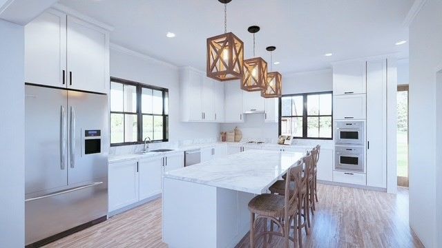 Interior, Kitchen, Pendant Lights, Recessed Lighting, Stainless Steel Appliances, Wood Texture Flooring