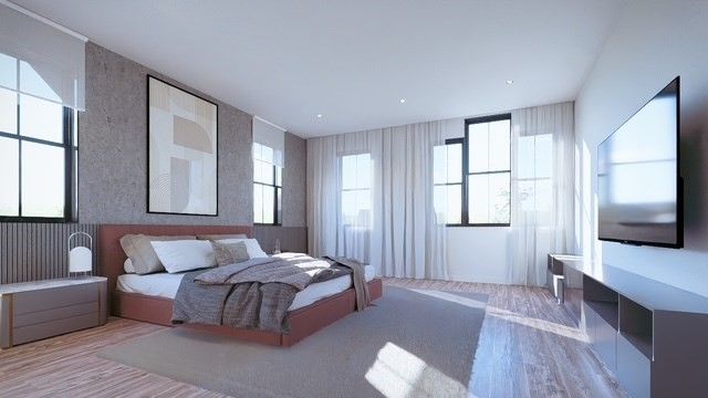 Bedroom, Interior, Recessed Lighting, Wood Texture Flooring