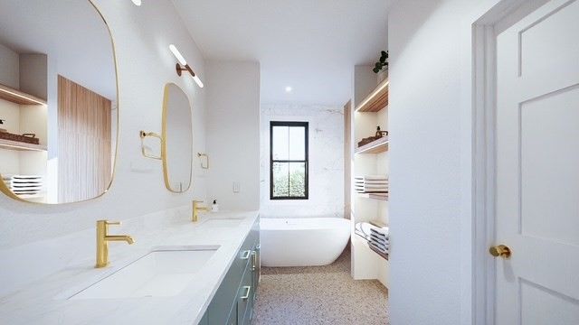 Bathroom, Dual Sink Vanities, Free Standing Baths, Interior, Recessed Lighting