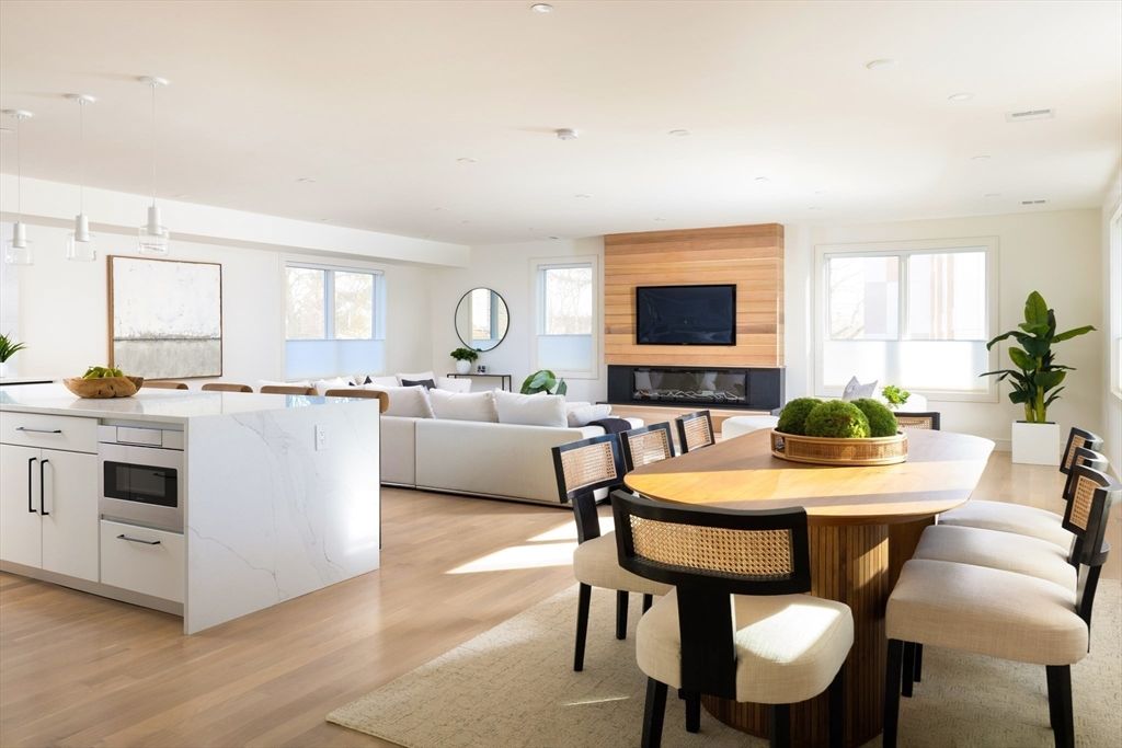 Dining room, Fireplace, Interior, Kitchen, Living room, Pendant Lights, Recessed Lighting, Wood Texture Flooring