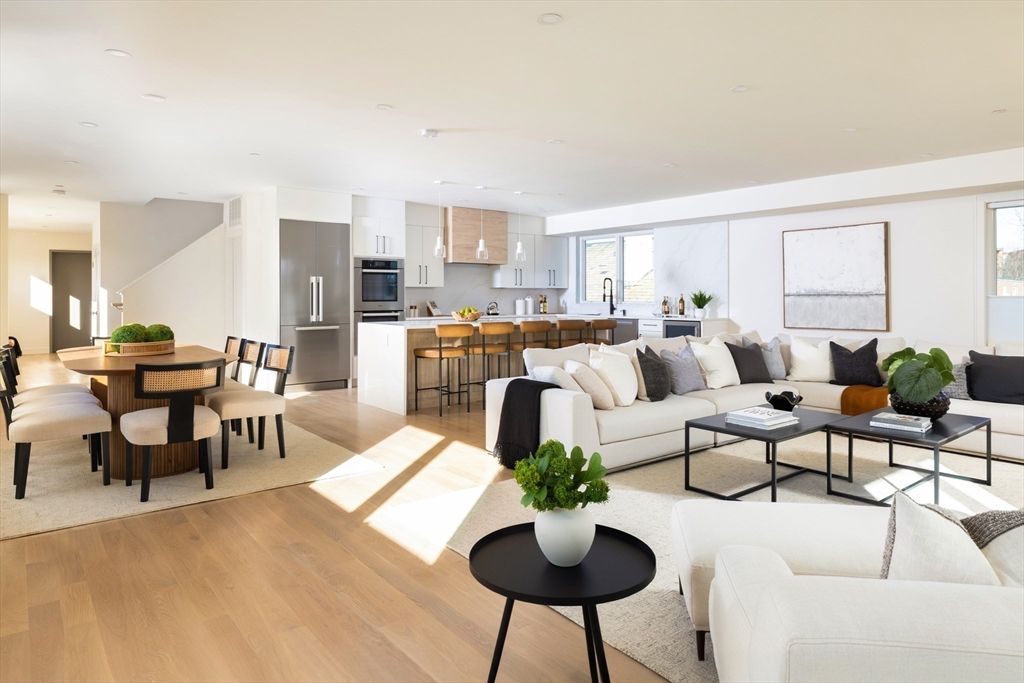 Dining room, Interior, Kitchen, Living room, Pendant Lights, Recessed Lighting, Stainless Steel Appliances, Wood Texture Flooring