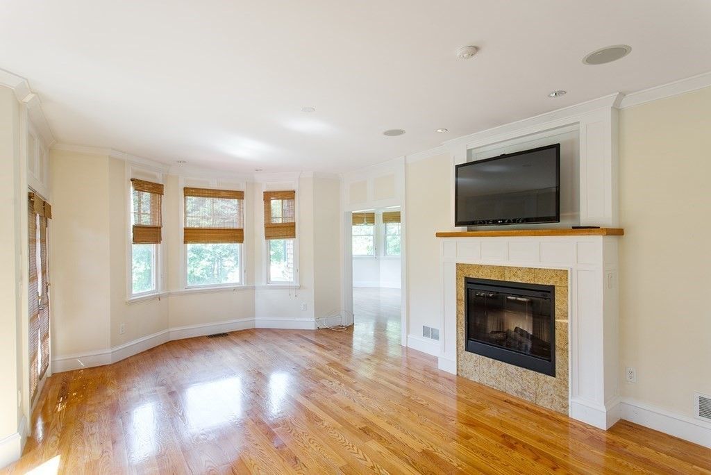 Empty room, Fireplace, Interior, Recessed Lighting, Wood Texture Flooring
