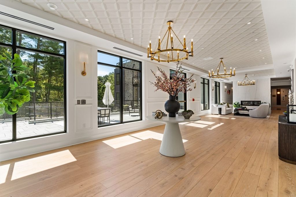 Chandelier, Fireplace, Interior, Living room, Pendant Lights, Recessed Lighting, Wood Texture Flooring