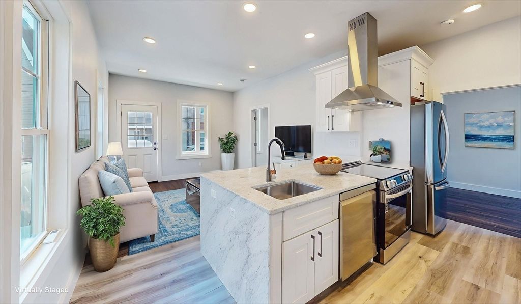 Interior, Kitchen, Recessed Lighting, Stainless Steel Appliances, Wood Texture Flooring