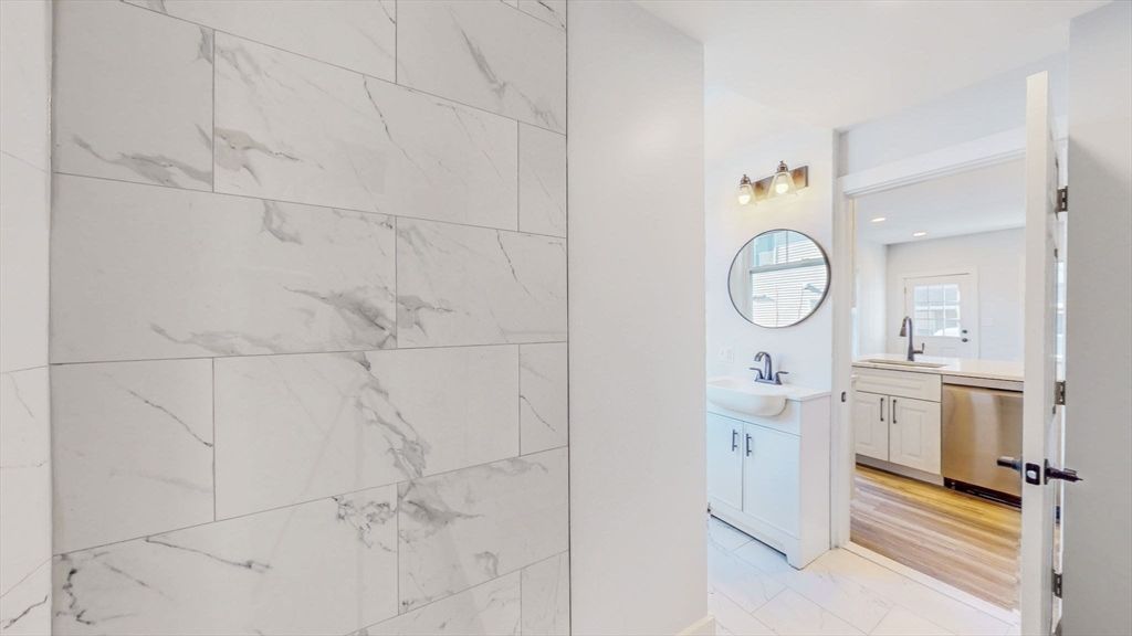 Bathroom, Interior, Kitchen, Marble, Marble Walls, Recessed Lighting, Wood Texture Flooring