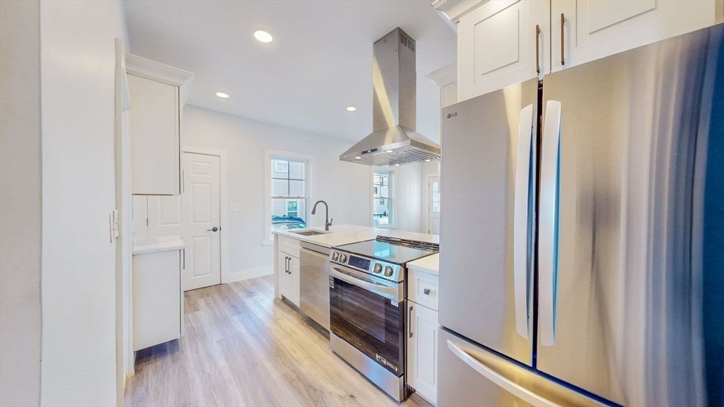 Interior, Kitchen, Recessed Lighting, Stainless Steel Appliances, Wood Texture Flooring