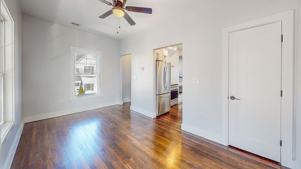 Empty room, Interior, Kitchen, Stainless Steel Appliances, Wood Texture Flooring