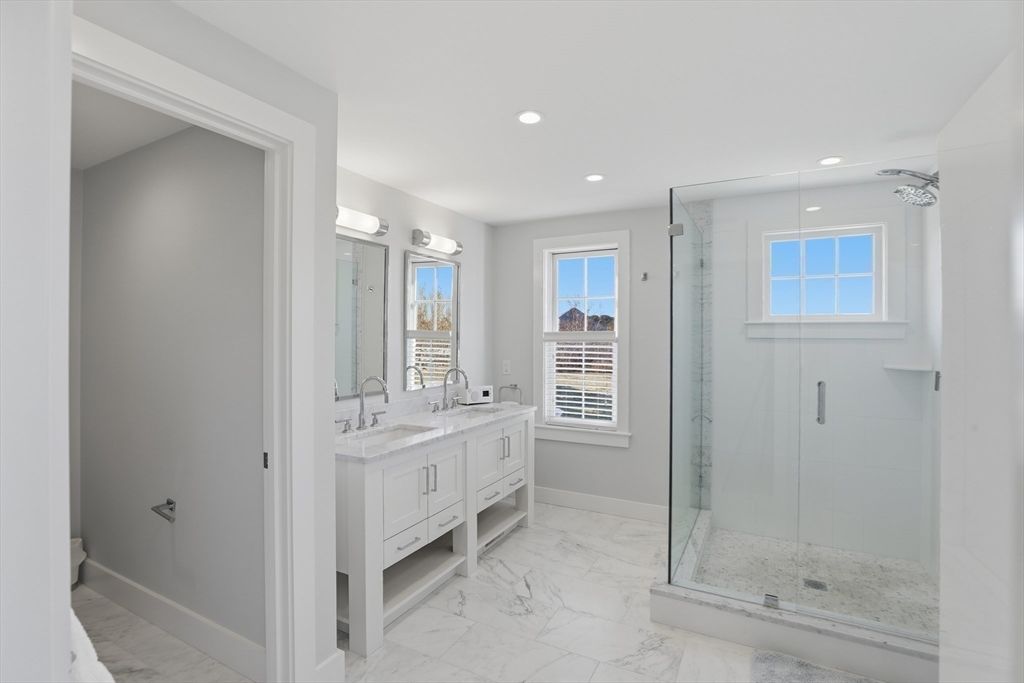 Bathroom, Dual Sink Vanities, Glass Shower, Interior, Marble, Recessed Lighting