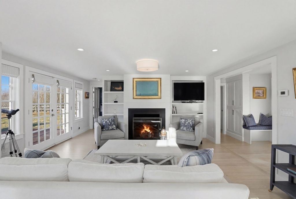 Fireplace, Interior, Living room, Recessed Lighting, Wood Texture Flooring