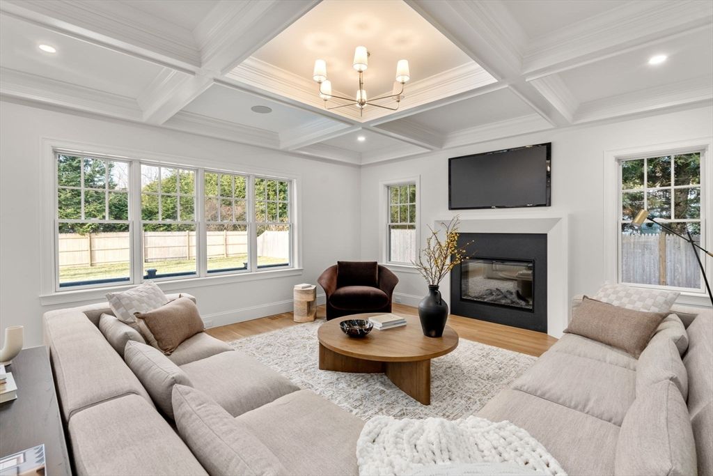 Chandelier, Fireplace, Interior, Living room, Recessed Lighting, Wood Texture Flooring