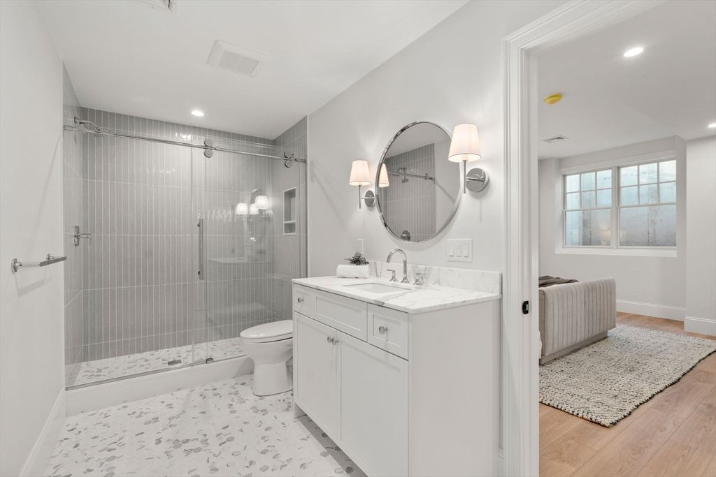 Bathroom, Glass Shower, Interior, Recessed Lighting, Wood Texture Flooring