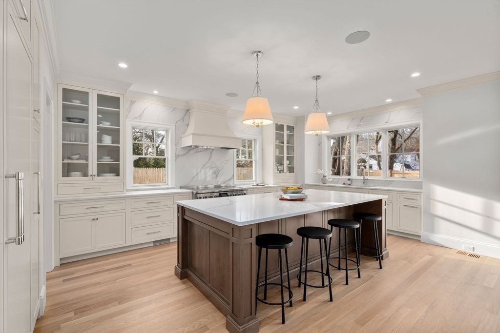 Interior, Kitchen, Marble Walls, Pendant Lights, Recessed Lighting, Wood Texture Flooring