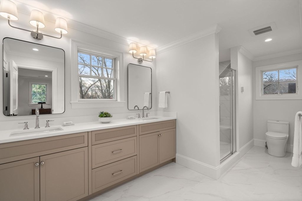 Bathroom, Dual Sink Vanities, Glass Shower, Interior, Marble, Recessed Lighting