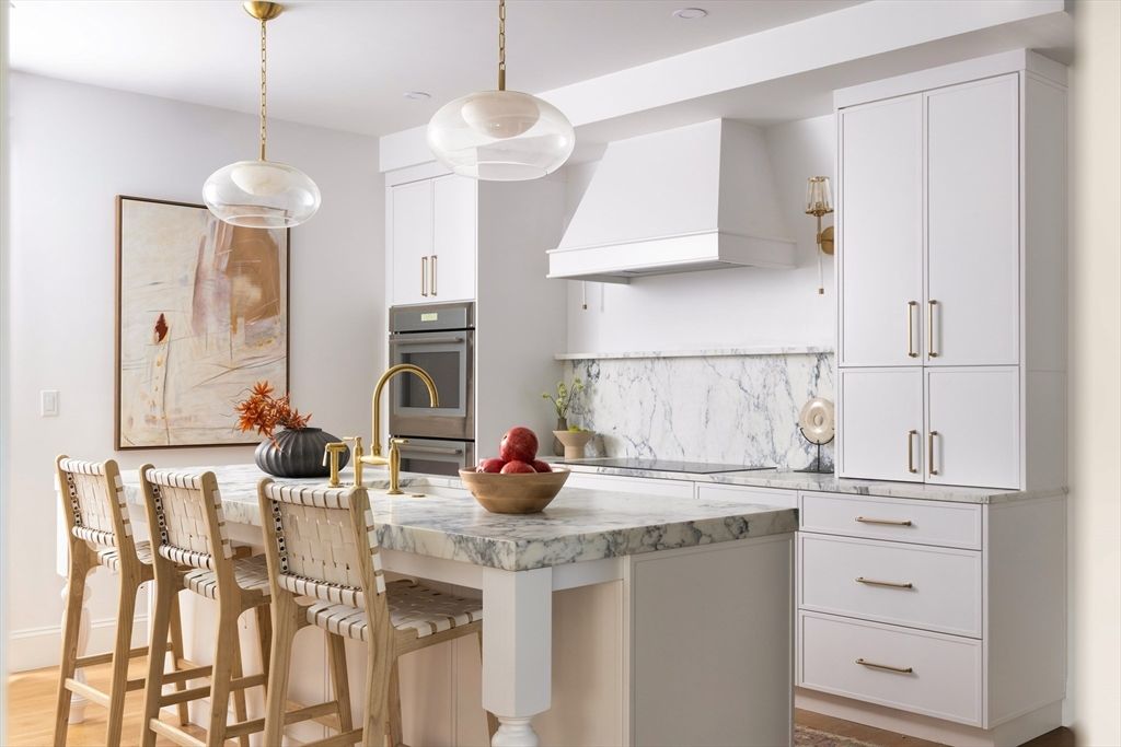 Interior, Kitchen, Marble Walls, Pendant Lights, Recessed Lighting, Wood Texture Flooring