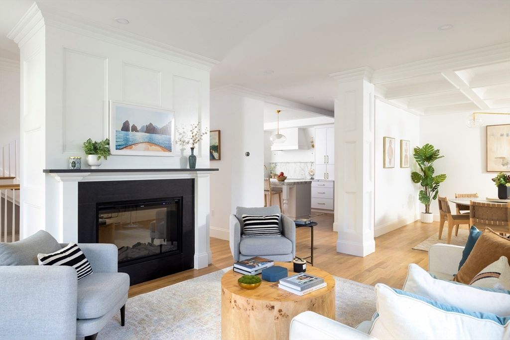 Dining room, Fireplace, Interior, Kitchen, Living room, Pendant Lights, Wood Texture Flooring