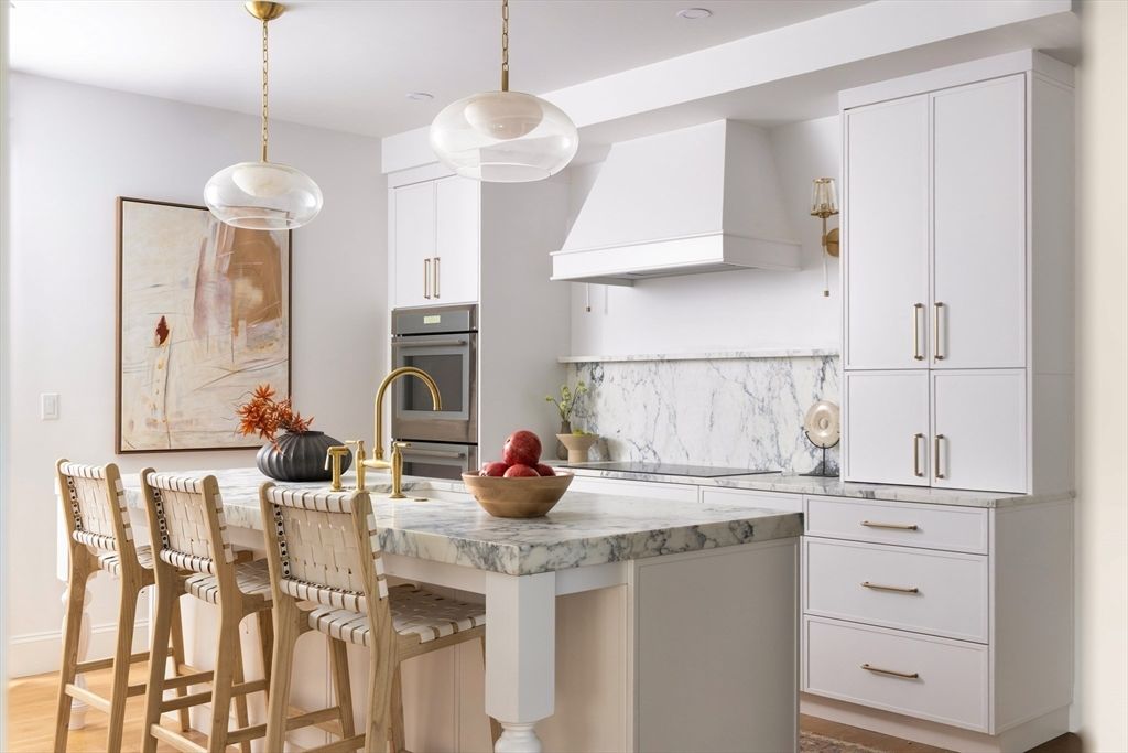 Interior, Kitchen, Marble Walls, Pendant Lights, Recessed Lighting, Wood Texture Flooring