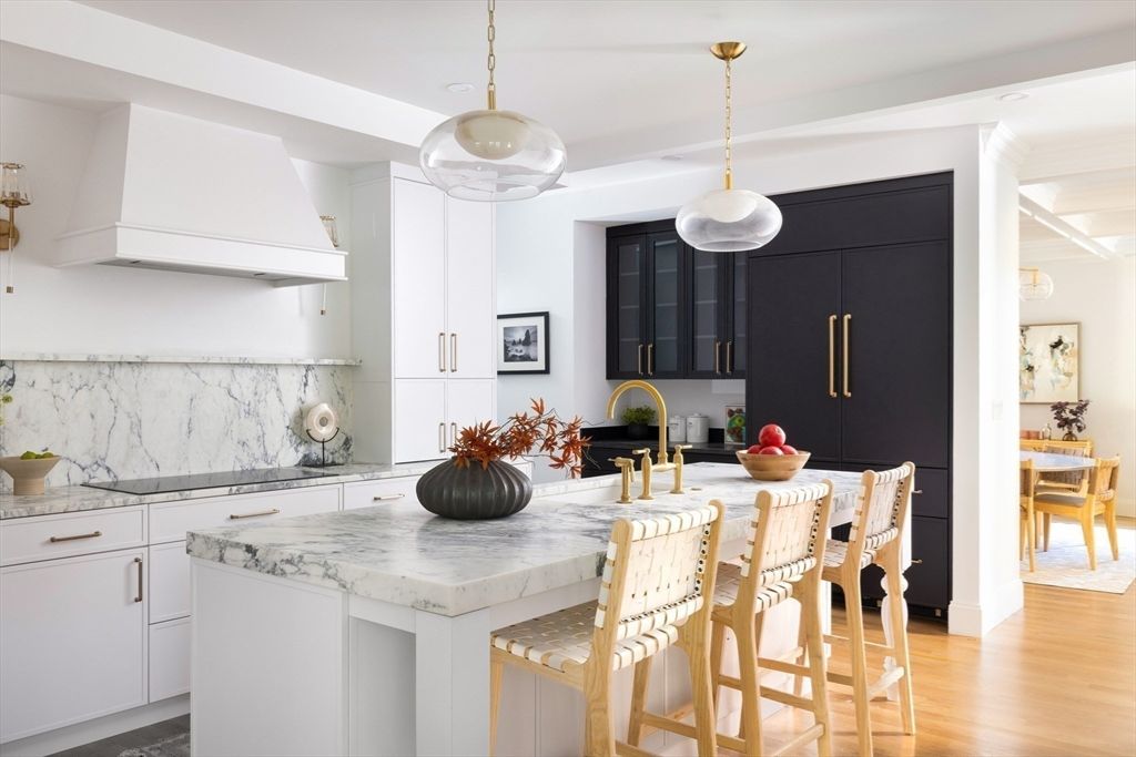 Interior, Kitchen, Marble Walls, Pendant Lights, Wood Texture Flooring