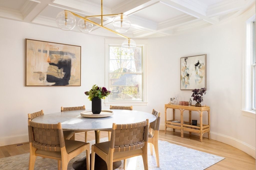 Dining room, Interior, Pendant Lights, Wood Texture Flooring