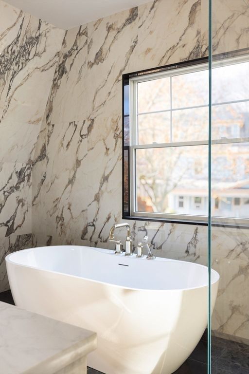 Bathroom, Free Standing Baths, Glass Shower, Interior, Marble Walls