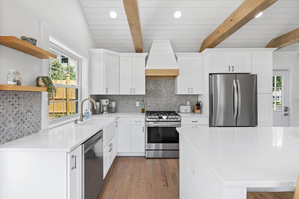 Interior, Kitchen, Recessed Lighting, Stainless Steel Appliances, Wooden Beams, Wood Texture Flooring