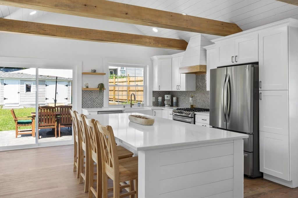 Interior, Kitchen, Recessed Lighting, Stainless Steel Appliances, Wooden Beams, Wood Texture Flooring