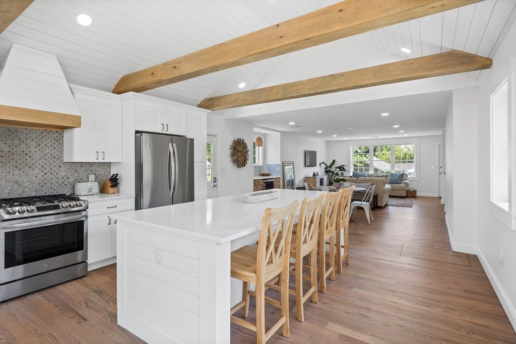 Interior, Kitchen, Living room, Recessed Lighting, Stainless Steel Appliances, Wooden Beams, Wood Texture Flooring