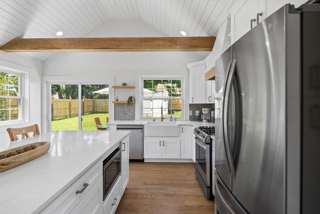 Interior, Kitchen, Recessed Lighting, Stainless Steel Appliances, Wooden Beams, Wood Texture Flooring