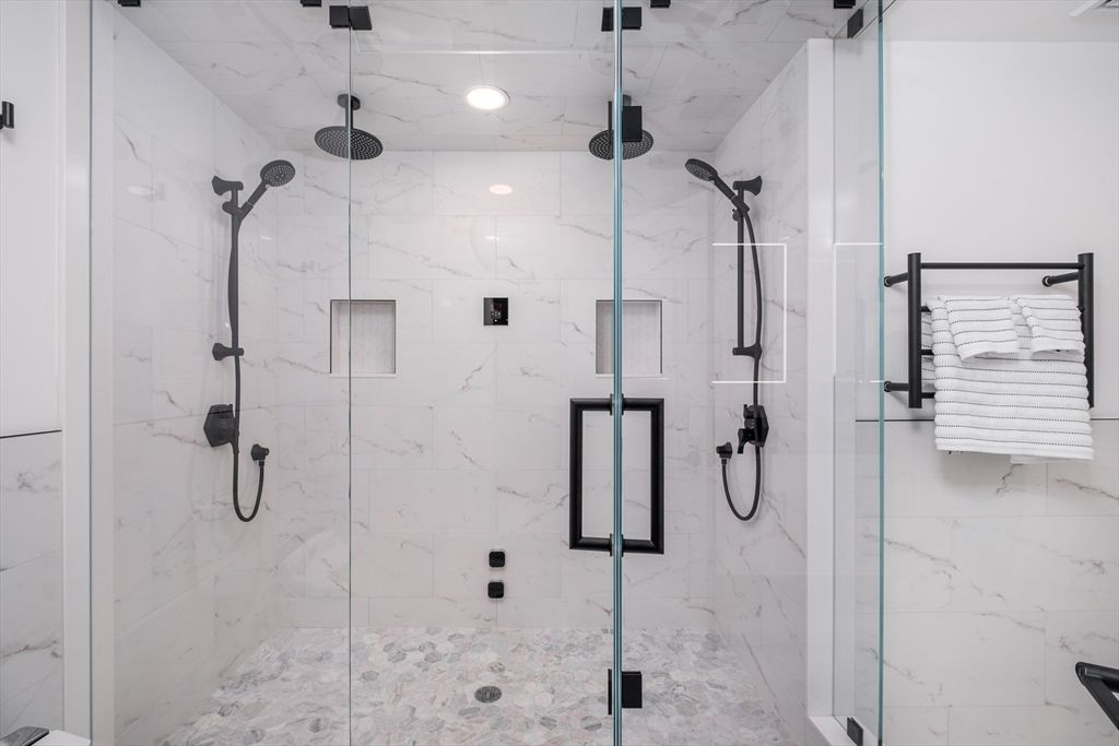 Bathroom, Glass Shower, Interior, Marble Walls, Recessed Lighting