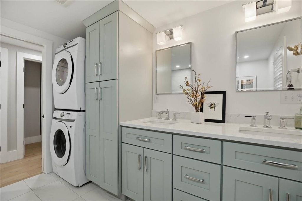 Bathroom, Dual Sink Vanities, Interior, Utility Closets, Washer, Wood Texture Flooring