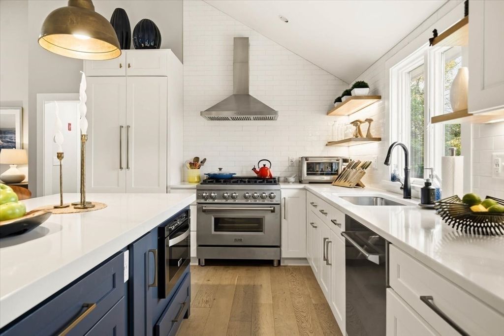 Interior, Kitchen, Pendant Lights, Stainless Steel Appliances, Wood Texture Flooring